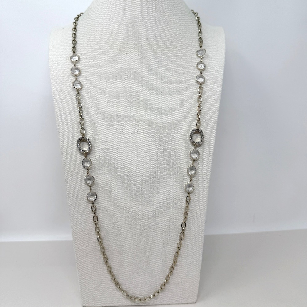 Ann Taylor Chain Necklace Rhinestone Circles Crystals‎ Gold Tone Station Long